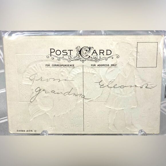 Thanksgiving Greetings Girl in Red Dress Tom Turkey Vintage Embossed Postcard - Picture 3 of 3